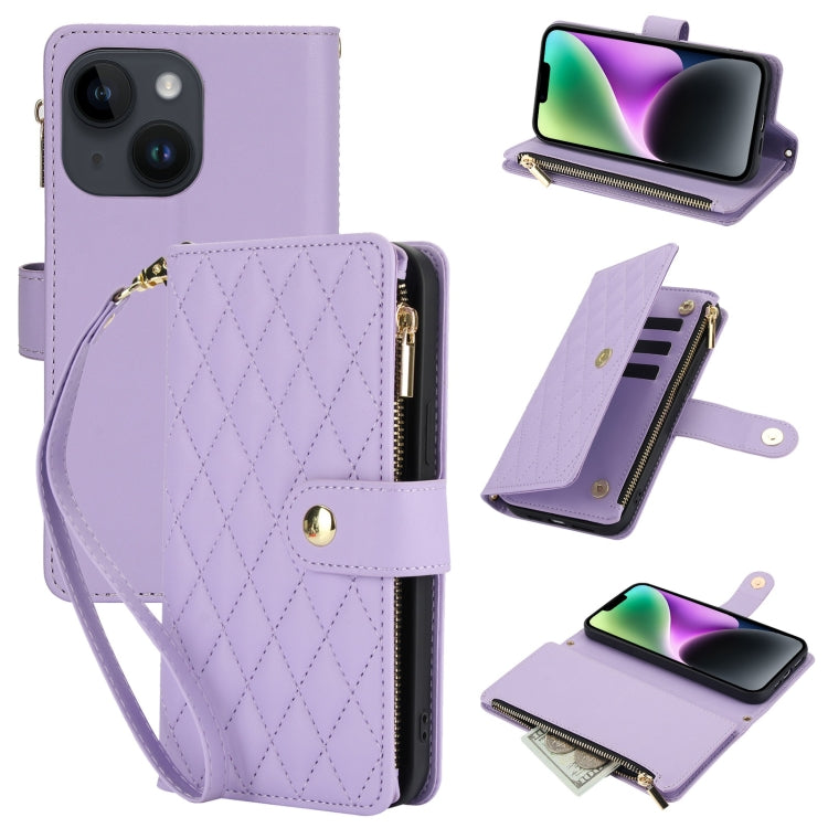 YM016 Rhombic Zipper Card Wallet Leather Phone Case with Lanyard, For iPhone 15, For iPhone 14 Plus, For iPhone 14, For iPhone 14 Pro, For iPhone 14 Pro Max, For iPhone SE 2022 / SE 2020 / 8
