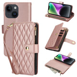 YM016 Rhombic Zipper Card Wallet Leather Phone Case with Lanyard, For iPhone 15, For iPhone 14 Plus, For iPhone 14, For iPhone 14 Pro, For iPhone 14 Pro Max, For iPhone SE 2022 / SE 2020 / 8