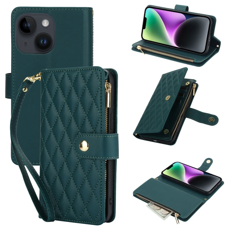 YM016 Rhombic Zipper Card Wallet Leather Phone Case with Lanyard, For iPhone 13 Pro Max, For iPhone 13 Pro, For iPhone 13, For iPhone 13 mini, For iPhone 12 / 12 Pro, For iPhone 12 Pro Max