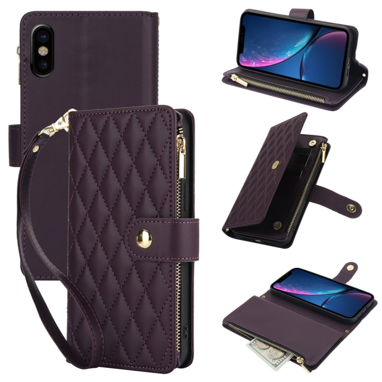 YM016 Rhombic Zipper Card Wallet Leather Phone Case with Lanyard, For iPhone 12 mini, For iPhone 11 Pro Max, For iPhone 11, For iPhone 11 Pro, For iPhone X / XS, For iPhone XR