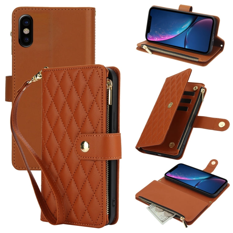 YM016 Rhombic Zipper Card Wallet Leather Phone Case with Lanyard, For iPhone 12 mini, For iPhone 11 Pro Max, For iPhone 11, For iPhone 11 Pro, For iPhone X / XS, For iPhone XR