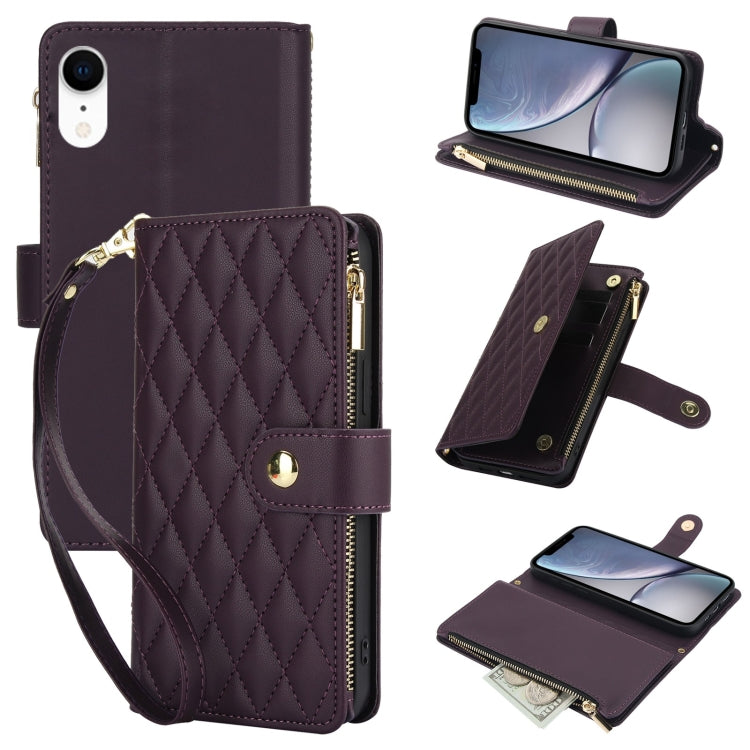 YM016 Rhombic Zipper Card Wallet Leather Phone Case with Lanyard, For iPhone 12 mini, For iPhone 11 Pro Max, For iPhone 11, For iPhone 11 Pro, For iPhone X / XS, For iPhone XR