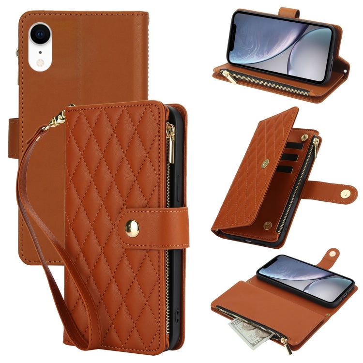 YM016 Rhombic Zipper Card Wallet Leather Phone Case with Lanyard, For iPhone 12 mini, For iPhone 11 Pro Max, For iPhone 11, For iPhone 11 Pro, For iPhone X / XS, For iPhone XR