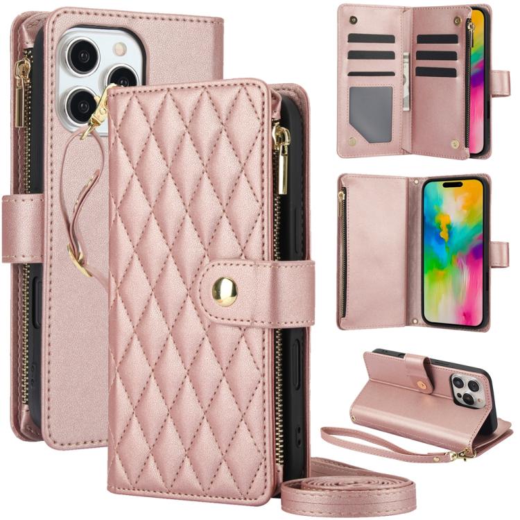 YM016 Rhombic Zipper Card Wallet Leather Phone Case with Lanyard, For iPhone 17e / 16e, For iPhone 17 Pro Max, For iPhone 17 Pro, For iPhone 17, For iPhone Air, For iPhone 16 Pro Max
