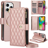 YM016 Rhombic Zipper Card Wallet Leather Phone Case with Lanyard, For iPhone 17e / 16e, For iPhone 17 Pro Max, For iPhone 17 Pro, For iPhone 17, For iPhone Air, For iPhone 16 Pro Max