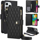 YM016 Rhombic Zipper Card Wallet Leather Phone Case with Lanyard, For iPhone 17e / 16e, For iPhone 17 Pro Max, For iPhone 17 Pro, For iPhone 17, For iPhone Air, For iPhone 16 Pro Max