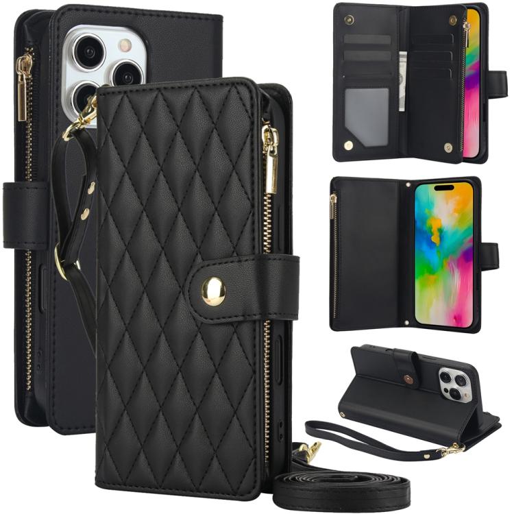 YM016 Rhombic Zipper Card Wallet Leather Phone Case with Lanyard, For iPhone 17e / 16e, For iPhone 17 Pro Max, For iPhone 17 Pro, For iPhone 17, For iPhone Air, For iPhone 16 Pro Max