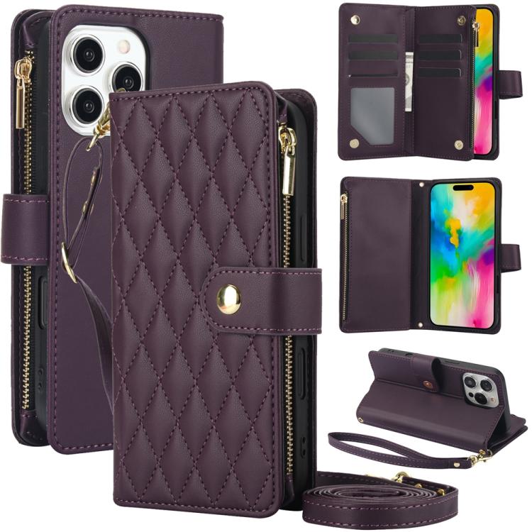 YM016 Rhombic Zipper Card Wallet Leather Phone Case with Lanyard, For iPhone 16 Pro, For iPhone 16 Plus, For iPhone 16, For iPhone 15 Pro Max, For iPhone 15 Pro, For iPhone 15 Plus