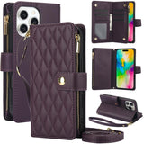 YM016 Rhombic Zipper Card Wallet Leather Phone Case with Lanyard, For iPhone 16 Pro, For iPhone 16 Plus, For iPhone 16, For iPhone 15 Pro Max, For iPhone 15 Pro, For iPhone 15 Plus