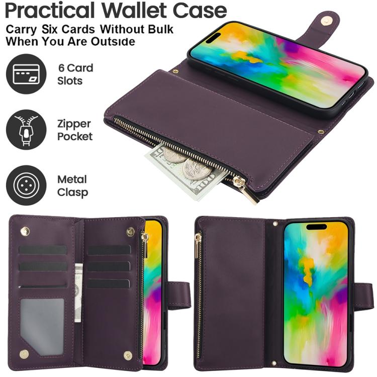 YM016 Rhombic Zipper Card Wallet Leather Phone Case with Lanyard, For iPhone 16 Pro, For iPhone 16 Plus, For iPhone 16, For iPhone 15 Pro Max, For iPhone 15 Pro, For iPhone 15 Plus