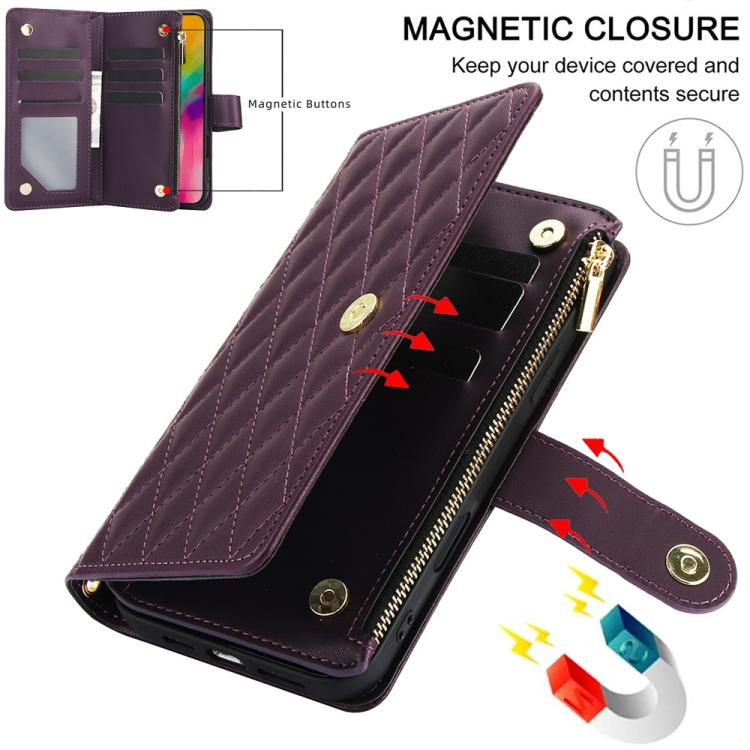 YM016 Rhombic Zipper Card Wallet Leather Phone Case with Lanyard, For iPhone 16 Pro, For iPhone 16 Plus, For iPhone 16, For iPhone 15 Pro Max, For iPhone 15 Pro, For iPhone 15 Plus