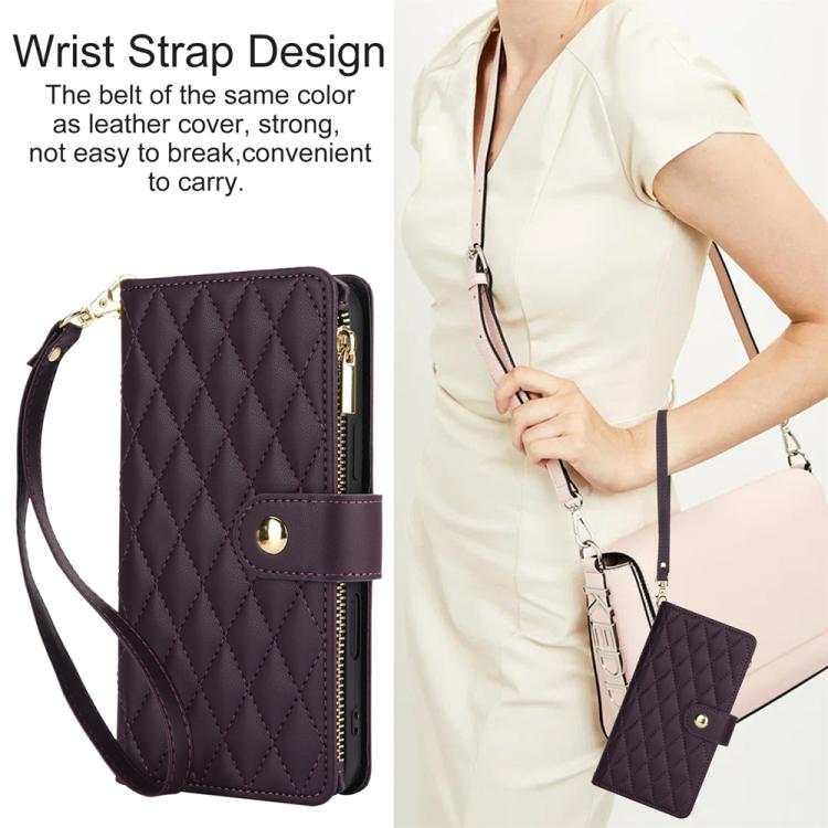 YM016 Rhombic Zipper Card Wallet Leather Phone Case with Lanyard, For iPhone 16 Pro, For iPhone 16 Plus, For iPhone 16, For iPhone 15 Pro Max, For iPhone 15 Pro, For iPhone 15 Plus