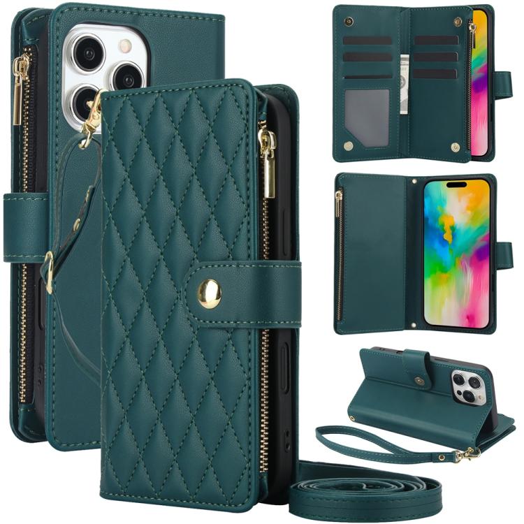 YM016 Rhombic Zipper Card Wallet Leather Phone Case with Lanyard, For iPhone 16 Pro, For iPhone 16 Plus, For iPhone 16, For iPhone 15 Pro Max, For iPhone 15 Pro, For iPhone 15 Plus