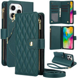 YM016 Rhombic Zipper Card Wallet Leather Phone Case with Lanyard, For iPhone 16 Pro, For iPhone 16 Plus, For iPhone 16, For iPhone 15 Pro Max, For iPhone 15 Pro, For iPhone 15 Plus