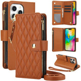 YM016 Rhombic Zipper Card Wallet Leather Phone Case with Lanyard, For iPhone 16 Pro, For iPhone 16 Plus, For iPhone 16, For iPhone 15 Pro Max, For iPhone 15 Pro, For iPhone 15 Plus