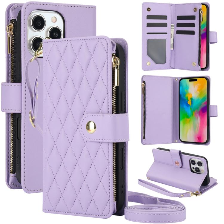 YM016 Rhombic Zipper Card Wallet Leather Phone Case with Lanyard, For iPhone 16 Pro, For iPhone 16 Plus, For iPhone 16, For iPhone 15 Pro Max, For iPhone 15 Pro, For iPhone 15 Plus