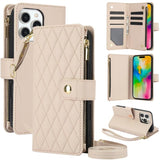 YM016 Rhombic Zipper Card Wallet Leather Phone Case with Lanyard, For iPhone 16 Pro, For iPhone 16 Plus, For iPhone 16, For iPhone 15 Pro Max, For iPhone 15 Pro, For iPhone 15 Plus