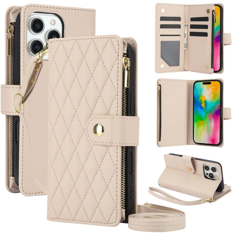 YM016 Rhombic Zipper Card Wallet Leather Phone Case with Lanyard, For iPhone 16 Pro, For iPhone 16 Plus, For iPhone 16, For iPhone 15 Pro Max, For iPhone 15 Pro, For iPhone 15 Plus