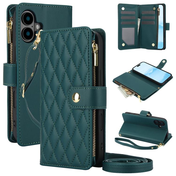 YM016 Rhombic Zipper Card Wallet Leather Phone Case with Lanyard, For iPhone 16 Pro, For iPhone 16 Plus, For iPhone 16, For iPhone 15 Pro Max, For iPhone 15 Pro, For iPhone 15 Plus