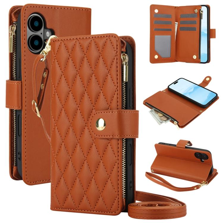 YM016 Rhombic Zipper Card Wallet Leather Phone Case with Lanyard, For iPhone 16 Pro, For iPhone 16 Plus, For iPhone 16, For iPhone 15 Pro Max, For iPhone 15 Pro, For iPhone 15 Plus