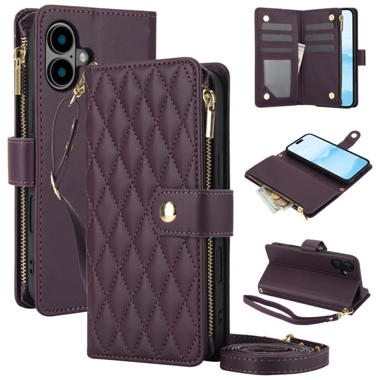 YM016 Rhombic Zipper Card Wallet Leather Phone Case with Lanyard, For iPhone 16 Pro, For iPhone 16 Plus, For iPhone 16, For iPhone 15 Pro Max, For iPhone 15 Pro, For iPhone 15 Plus