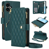 YM016 Rhombic Zipper Card Wallet Leather Phone Case with Lanyard, For iPhone 16 Pro, For iPhone 16 Plus, For iPhone 16, For iPhone 15 Pro Max, For iPhone 15 Pro, For iPhone 15 Plus