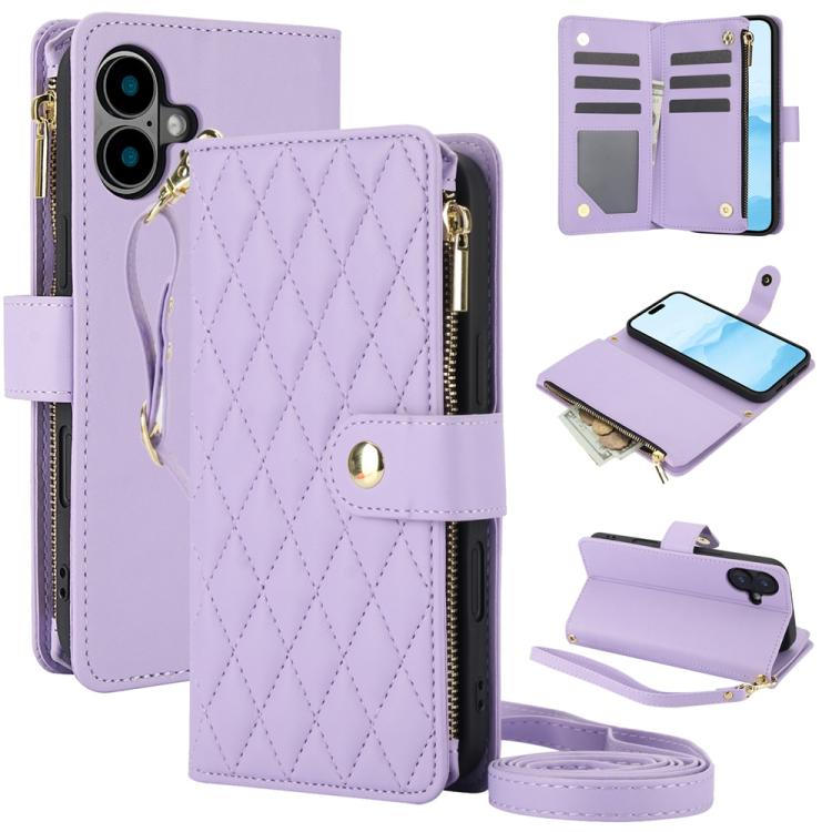 YM016 Rhombic Zipper Card Wallet Leather Phone Case with Lanyard, For iPhone 16 Pro, For iPhone 16 Plus, For iPhone 16, For iPhone 15 Pro Max, For iPhone 15 Pro, For iPhone 15 Plus