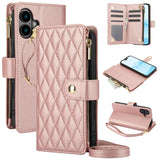 YM016 Rhombic Zipper Card Wallet Leather Phone Case with Lanyard, For iPhone 16 Pro, For iPhone 16 Plus, For iPhone 16, For iPhone 15 Pro Max, For iPhone 15 Pro, For iPhone 15 Plus