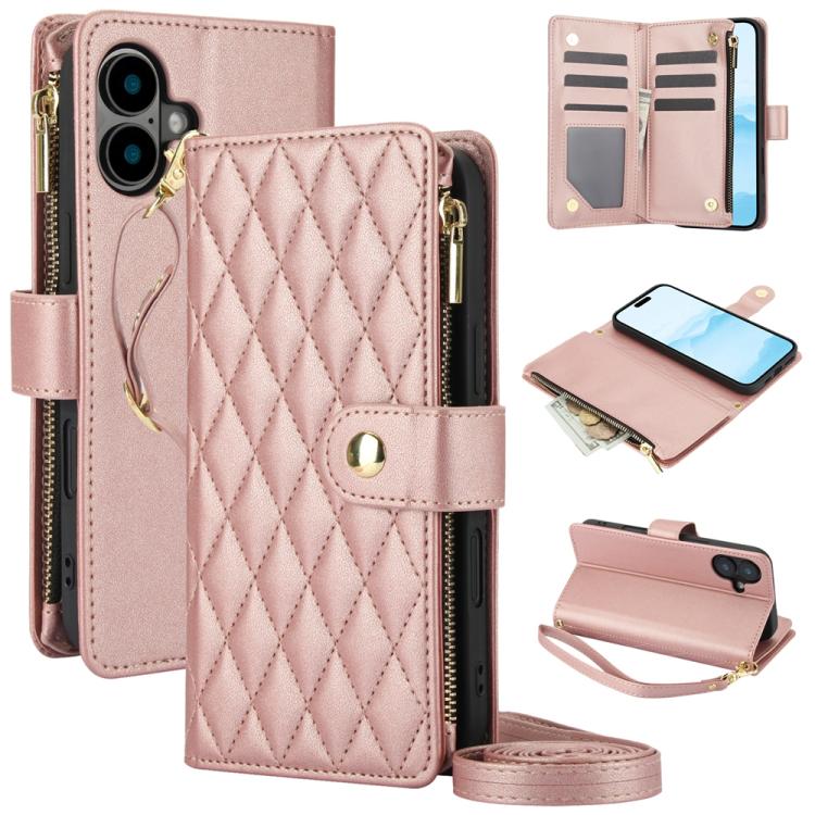 YM016 Rhombic Zipper Card Wallet Leather Phone Case with Lanyard, For iPhone 16 Pro, For iPhone 16 Plus, For iPhone 16, For iPhone 15 Pro Max, For iPhone 15 Pro, For iPhone 15 Plus