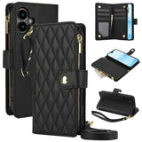 YM016 Rhombic Zipper Card Wallet Leather Phone Case with Lanyard, For iPhone 16 Pro, For iPhone 16 Plus, For iPhone 16, For iPhone 15 Pro Max, For iPhone 15 Pro, For iPhone 15 Plus