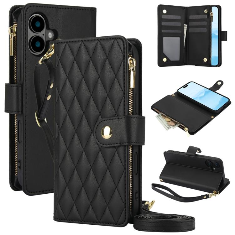 YM016 Rhombic Zipper Card Wallet Leather Phone Case with Lanyard, For iPhone 16 Pro, For iPhone 16 Plus, For iPhone 16, For iPhone 15 Pro Max, For iPhone 15 Pro, For iPhone 15 Plus
