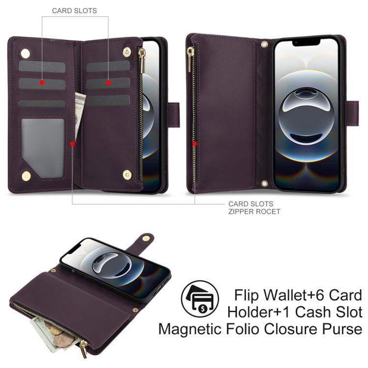 YM016 Rhombic Zipper Card Wallet Leather Phone Case with Lanyard, For iPhone 17e / 16e, For iPhone 17 Pro Max, For iPhone 17 Pro, For iPhone 17, For iPhone Air, For iPhone 16 Pro Max