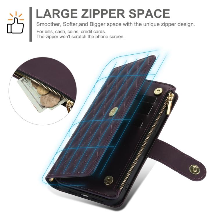 YM016 Rhombic Zipper Card Wallet Leather Phone Case with Lanyard, For iPhone 17e / 16e, For iPhone 17 Pro Max, For iPhone 17 Pro, For iPhone 17, For iPhone Air, For iPhone 16 Pro Max