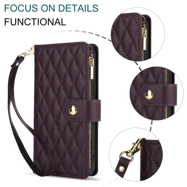 YM016 Rhombic Zipper Card Wallet Leather Phone Case with Lanyard, For iPhone 17e / 16e, For iPhone 17 Pro Max, For iPhone 17 Pro, For iPhone 17, For iPhone Air, For iPhone 16 Pro Max