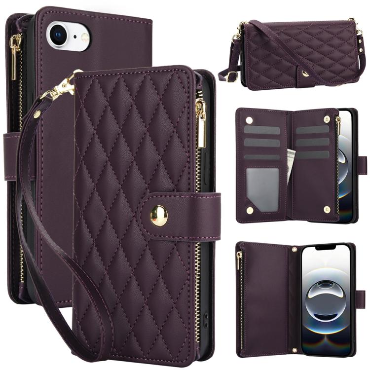 YM016 Rhombic Zipper Card Wallet Leather Phone Case with Lanyard, For iPhone 17e / 16e, For iPhone 17 Pro Max, For iPhone 17 Pro, For iPhone 17, For iPhone Air, For iPhone 16 Pro Max