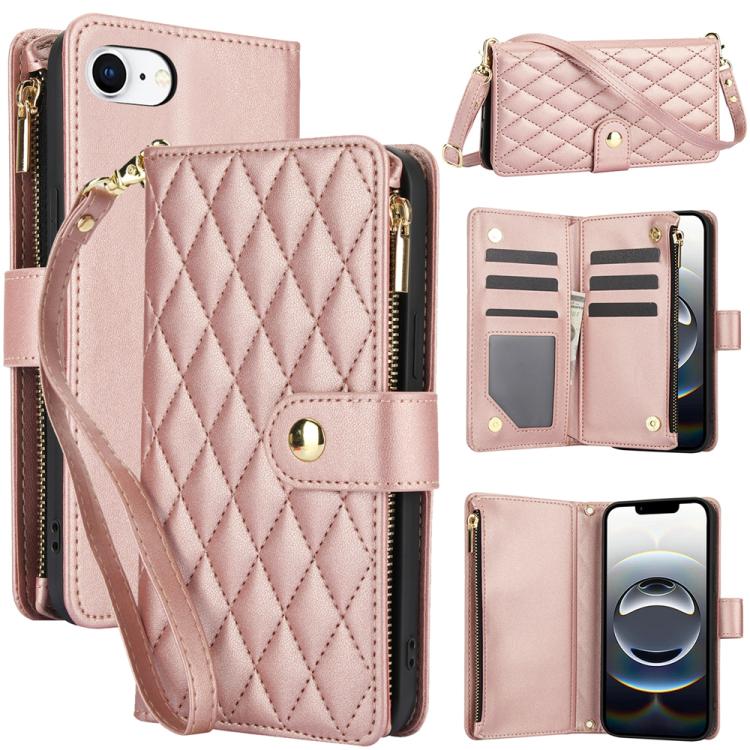 YM016 Rhombic Zipper Card Wallet Leather Phone Case with Lanyard, For iPhone 17e / 16e, For iPhone 17 Pro Max, For iPhone 17 Pro, For iPhone 17, For iPhone Air, For iPhone 16 Pro Max