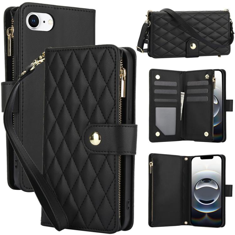 YM016 Rhombic Zipper Card Wallet Leather Phone Case with Lanyard, For iPhone 17e / 16e, For iPhone 17 Pro Max, For iPhone 17 Pro, For iPhone 17, For iPhone Air, For iPhone 16 Pro Max
