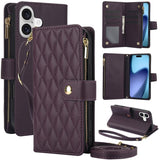 YM016 Rhombic Zipper Card Wallet Leather Phone Case with Lanyard, For iPhone 17e / 16e, For iPhone 17 Pro Max, For iPhone 17 Pro, For iPhone 17, For iPhone Air, For iPhone 16 Pro Max