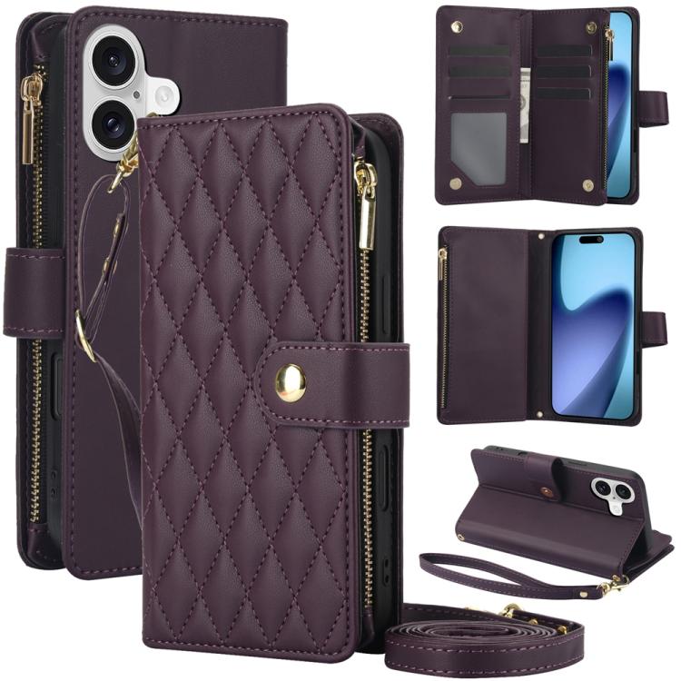 YM016 Rhombic Zipper Card Wallet Leather Phone Case with Lanyard, For iPhone 17e / 16e, For iPhone 17 Pro Max, For iPhone 17 Pro, For iPhone 17, For iPhone Air, For iPhone 16 Pro Max