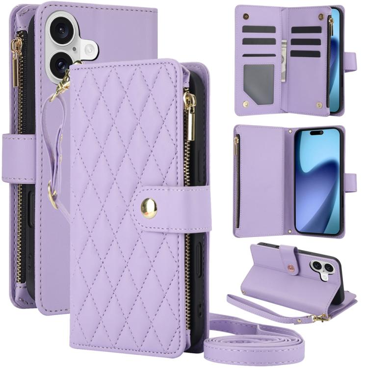 YM016 Rhombic Zipper Card Wallet Leather Phone Case with Lanyard, For iPhone 17e / 16e, For iPhone 17 Pro Max, For iPhone 17 Pro, For iPhone 17, For iPhone Air, For iPhone 16 Pro Max