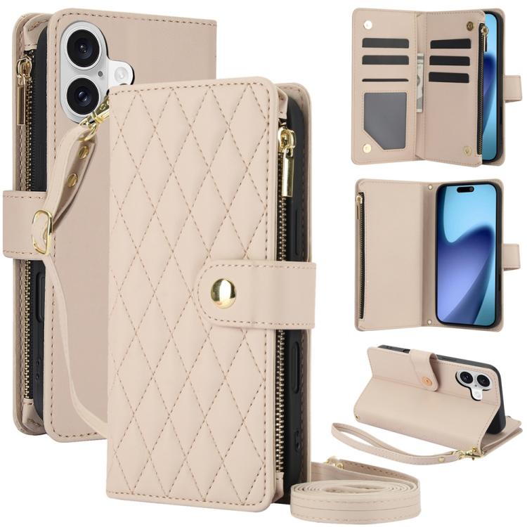 YM016 Rhombic Zipper Card Wallet Leather Phone Case with Lanyard, For iPhone 17e / 16e, For iPhone 17 Pro Max, For iPhone 17 Pro, For iPhone 17, For iPhone Air, For iPhone 16 Pro Max