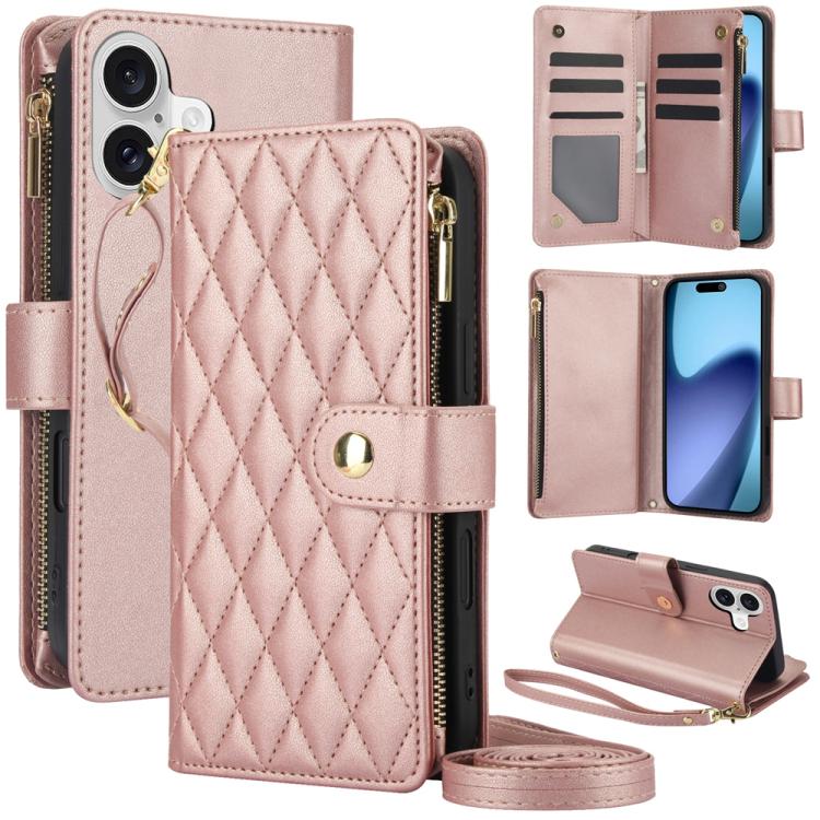 YM016 Rhombic Zipper Card Wallet Leather Phone Case with Lanyard, For iPhone 17e / 16e, For iPhone 17 Pro Max, For iPhone 17 Pro, For iPhone 17, For iPhone Air, For iPhone 16 Pro Max