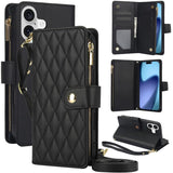 YM016 Rhombic Zipper Card Wallet Leather Phone Case with Lanyard, For iPhone 17e / 16e, For iPhone 17 Pro Max, For iPhone 17 Pro, For iPhone 17, For iPhone Air, For iPhone 16 Pro Max