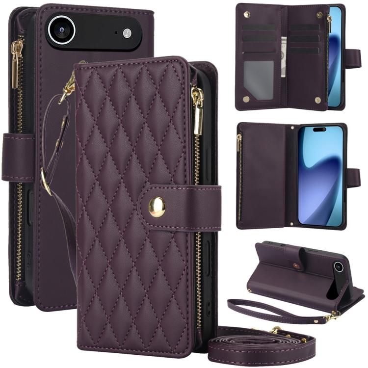 YM016 Rhombic Zipper Card Wallet Leather Phone Case with Lanyard, For iPhone 17e / 16e, For iPhone 17 Pro Max, For iPhone 17 Pro, For iPhone 17, For iPhone Air, For iPhone 16 Pro Max