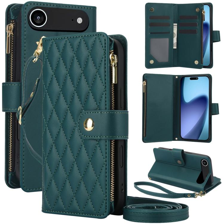 YM016 Rhombic Zipper Card Wallet Leather Phone Case with Lanyard, For iPhone 17e / 16e, For iPhone 17 Pro Max, For iPhone 17 Pro, For iPhone 17, For iPhone Air, For iPhone 16 Pro Max