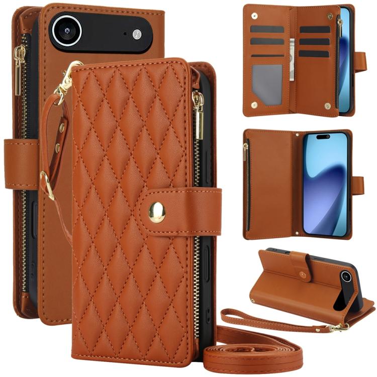 YM016 Rhombic Zipper Card Wallet Leather Phone Case with Lanyard, For iPhone 17e / 16e, For iPhone 17 Pro Max, For iPhone 17 Pro, For iPhone 17, For iPhone Air, For iPhone 16 Pro Max