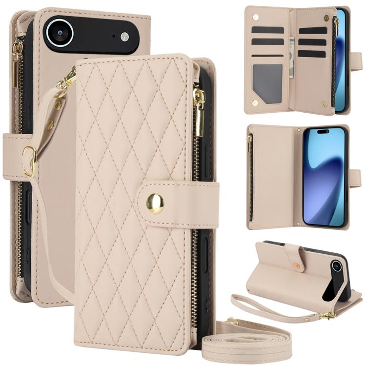 YM016 Rhombic Zipper Card Wallet Leather Phone Case with Lanyard, For iPhone 17e / 16e, For iPhone 17 Pro Max, For iPhone 17 Pro, For iPhone 17, For iPhone Air, For iPhone 16 Pro Max