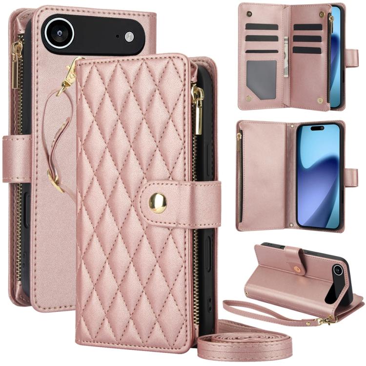 YM016 Rhombic Zipper Card Wallet Leather Phone Case with Lanyard, For iPhone 17e / 16e, For iPhone 17 Pro Max, For iPhone 17 Pro, For iPhone 17, For iPhone Air, For iPhone 16 Pro Max