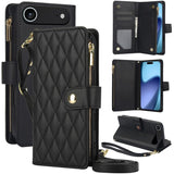 YM016 Rhombic Zipper Card Wallet Leather Phone Case with Lanyard, For iPhone 17e / 16e, For iPhone 17 Pro Max, For iPhone 17 Pro, For iPhone 17, For iPhone Air, For iPhone 16 Pro Max