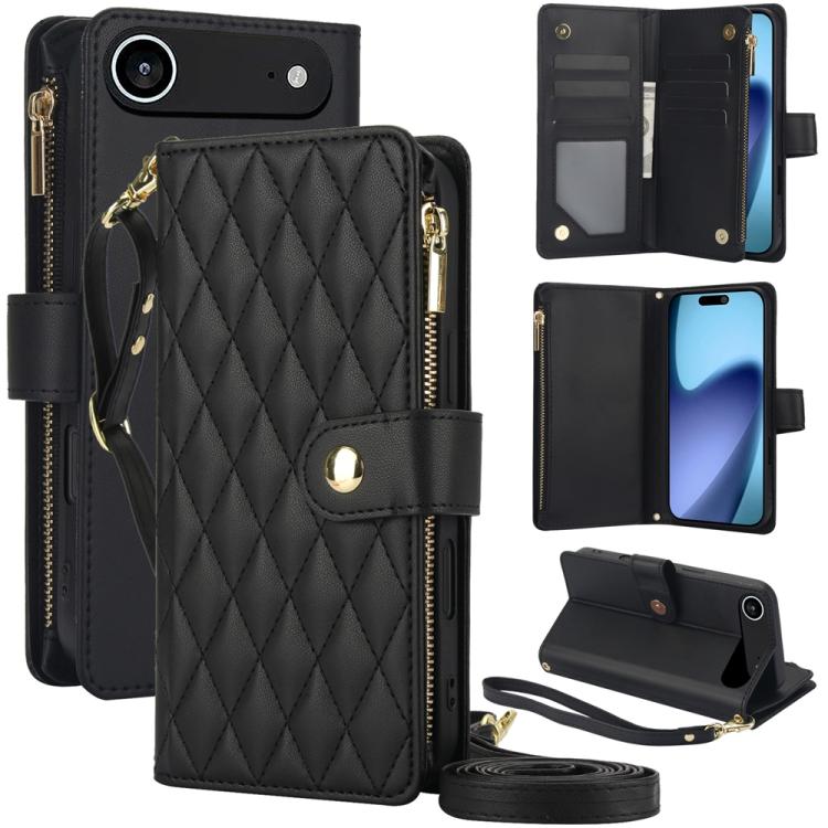 YM016 Rhombic Zipper Card Wallet Leather Phone Case with Lanyard, For iPhone 17e / 16e, For iPhone 17 Pro Max, For iPhone 17 Pro, For iPhone 17, For iPhone Air, For iPhone 16 Pro Max